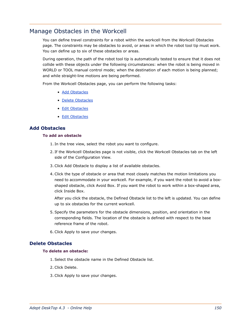 Manage obstacles in the workcell, Manage, Obstacles in the workcell | Adept DeskTop 4.3 User Manual | Page 150 / 166