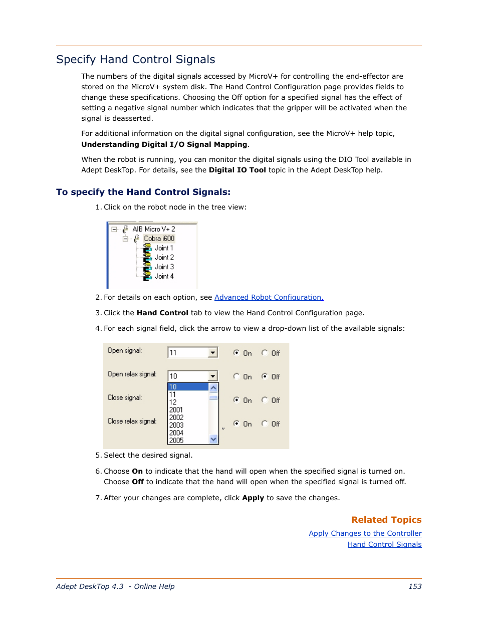 Specify hand control signals, Specify hand, Control signals | Specify hand control, Signals | Adept DeskTop 4.3 User Manual | Page 153 / 166