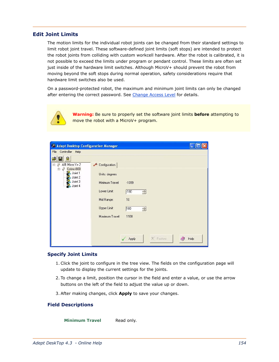 Edit joint limits, Joint limits, see | Adept DeskTop 4.3 User Manual | Page 154 / 166