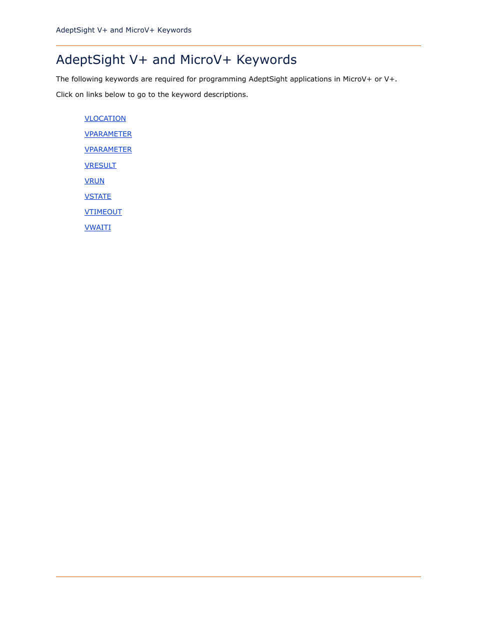 Adeptsight v+ and microv+ keywords | Adept DeskTop 4.3 User Manual | Page 156 / 166