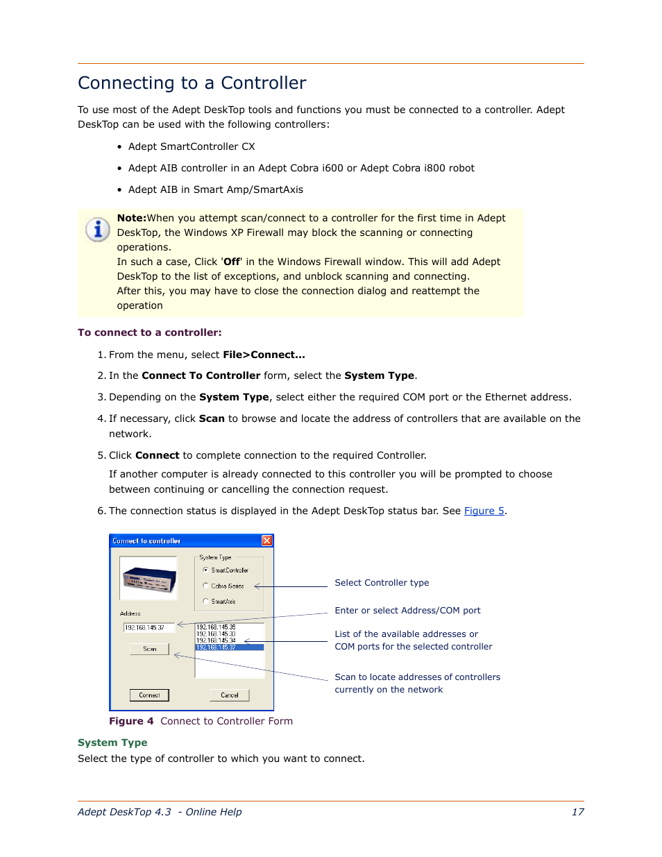 Connecting to a controller, Connect to a controller | Adept DeskTop 4.3 User Manual | Page 19 / 166