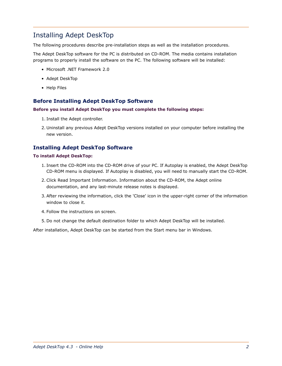 Installing adept desktop | Adept DeskTop 4.3 User Manual | Page 2 / 166