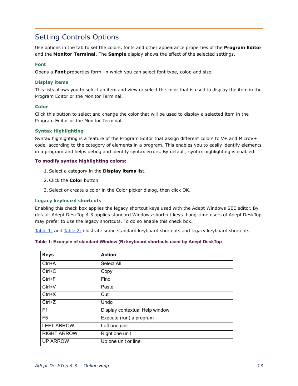 Setting controls options | Adept DeskTop 4.3 User Manual | Page 27 / 166