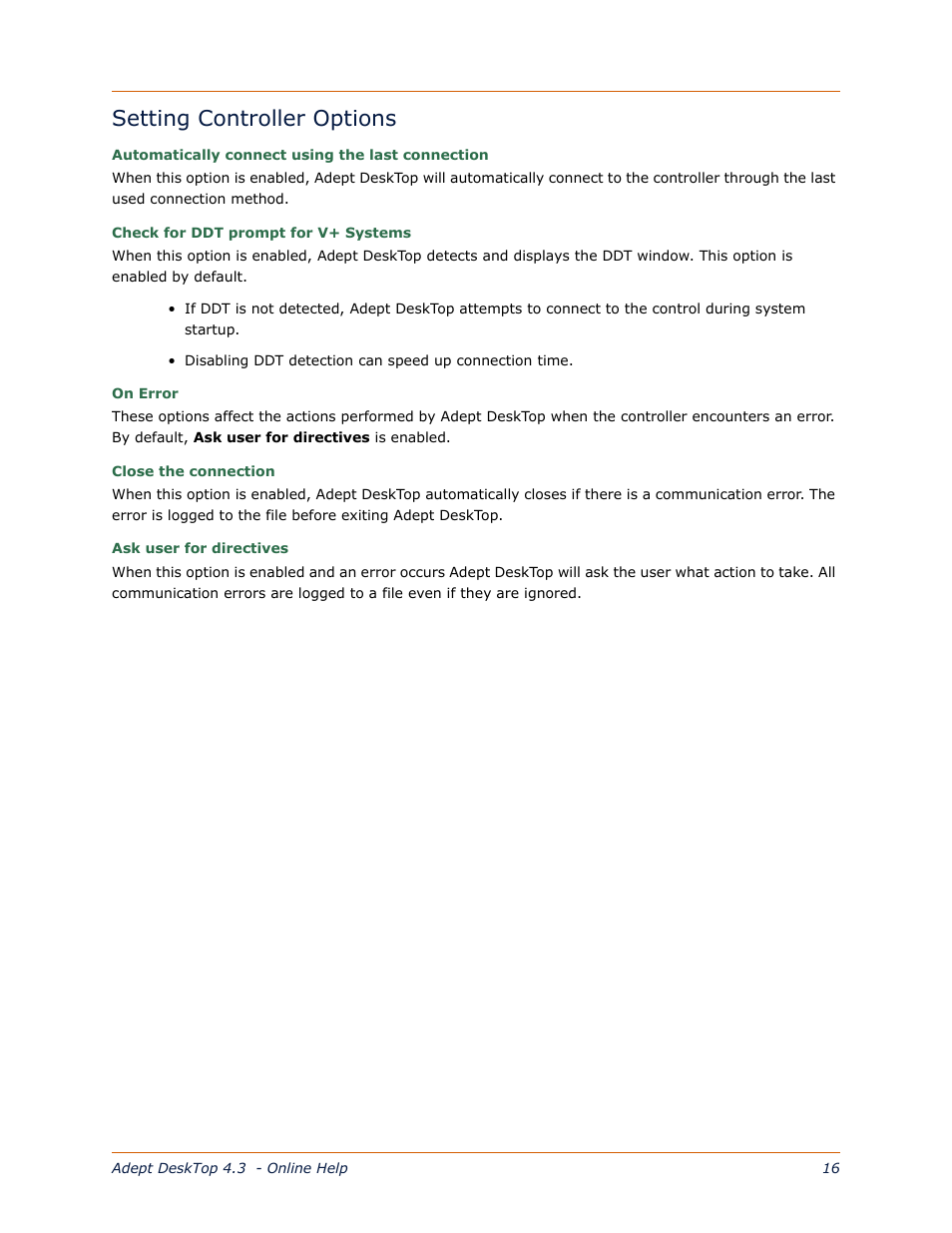 Setting controller options | Adept DeskTop 4.3 User Manual | Page 30 / 166