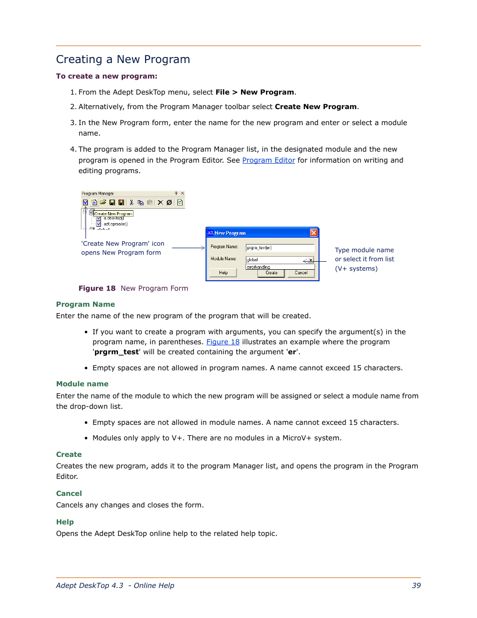 Creating a new program, Odule name. see, Creating a | New program | Adept DeskTop 4.3 User Manual | Page 39 / 166