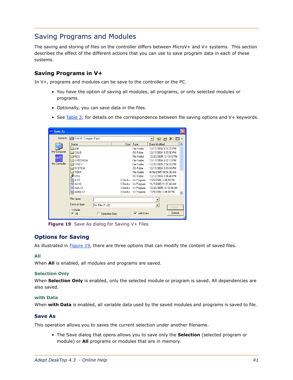 Saving programs and modules, Saving programs in v | Adept DeskTop 4.3 User Manual | Page 41 / 166