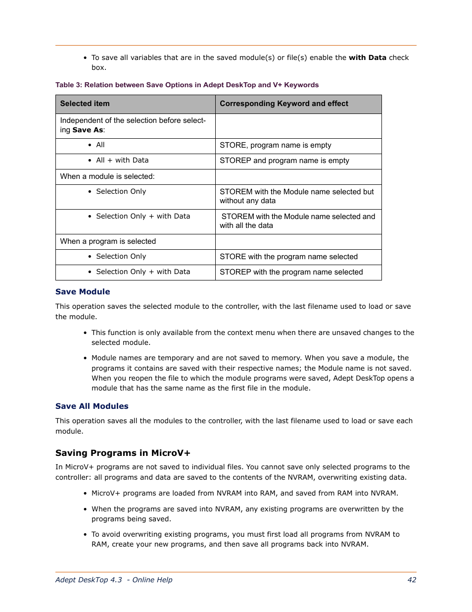 Saving programs in microv | Adept DeskTop 4.3 User Manual | Page 42 / 166