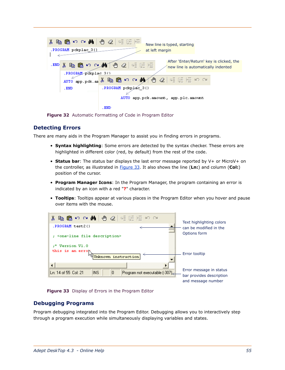 Debugging programs | Adept DeskTop 4.3 User Manual | Page 55 / 166