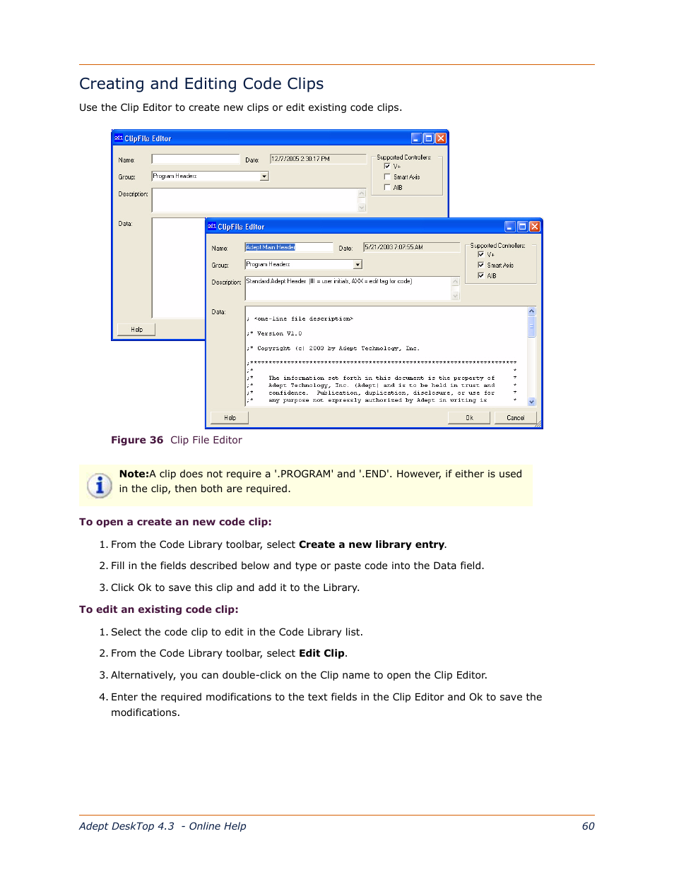 Creating and editing code clips | Adept DeskTop 4.3 User Manual | Page 60 / 166
