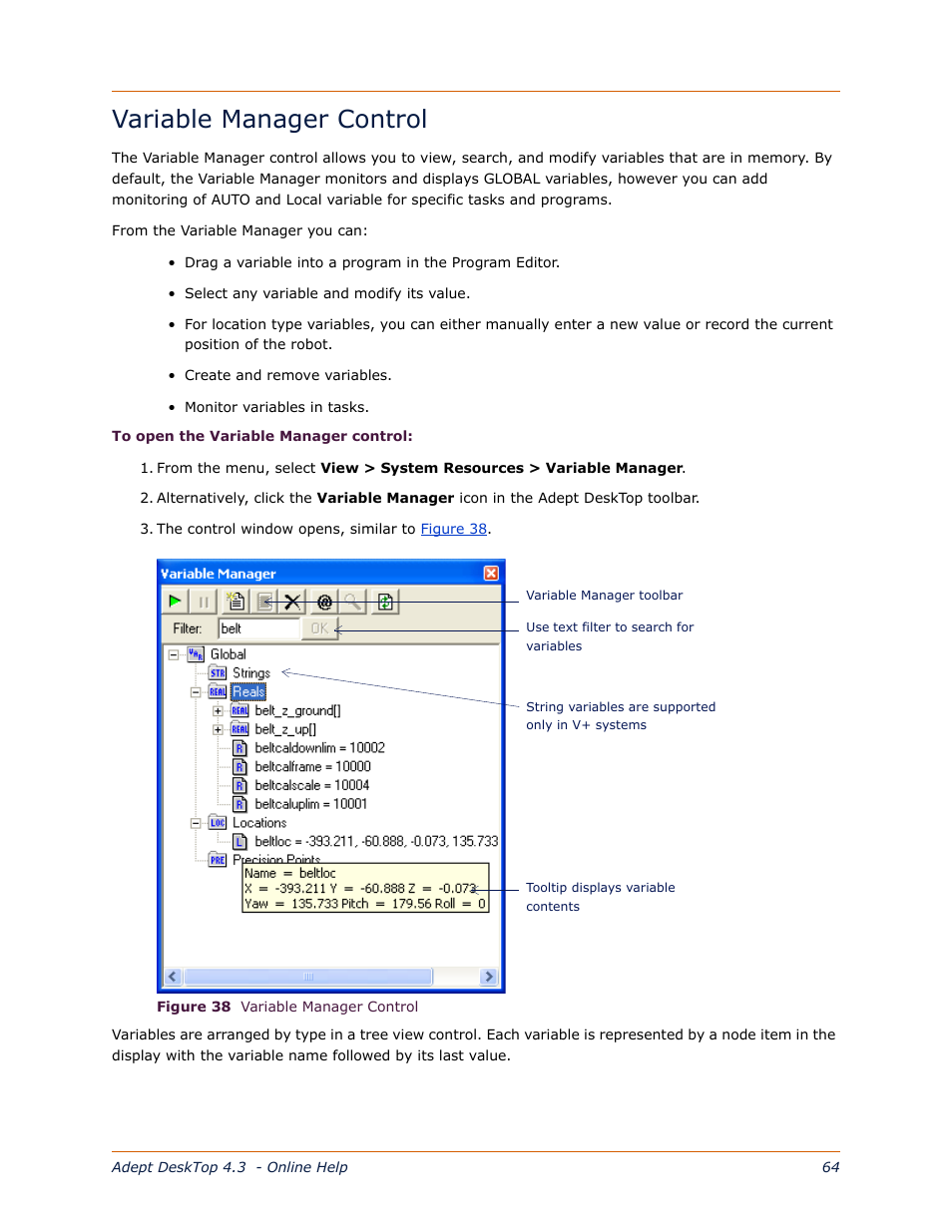 Variable manager control, Opens the, Variable manager | Control | Adept DeskTop 4.3 User Manual | Page 64 / 166