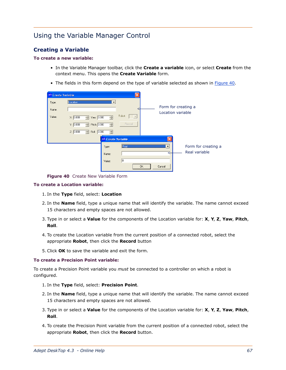Using the variable manager control, Creating a variable | Adept DeskTop 4.3 User Manual | Page 67 / 166