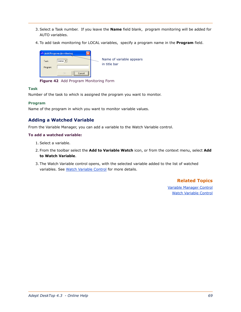 Adding a watched variable, Figure 42 | Adept DeskTop 4.3 User Manual | Page 69 / 166