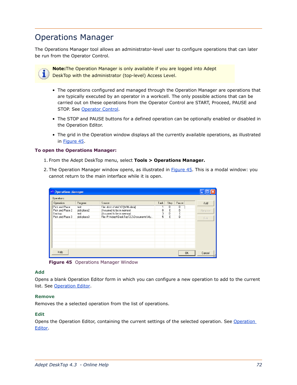 Operations manager | Adept DeskTop 4.3 User Manual | Page 72 / 166