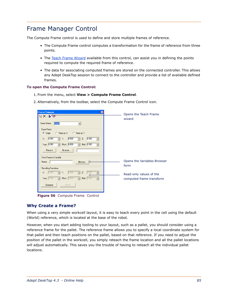 Frame manager control | Adept DeskTop 4.3 User Manual | Page 85 / 166