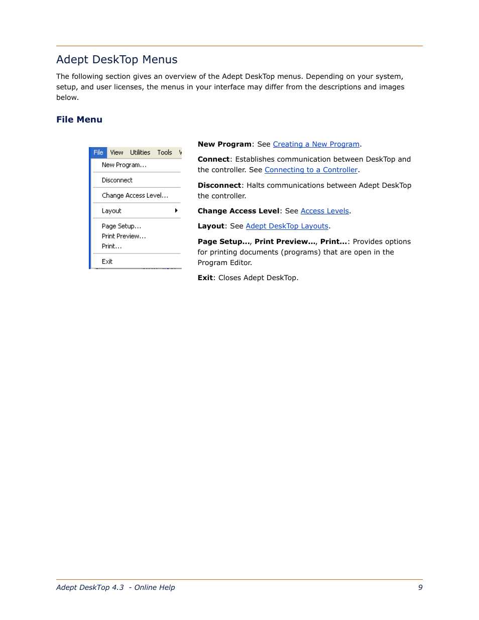 Adept desktop menus | Adept DeskTop 4.3 User Manual | Page 9 / 166