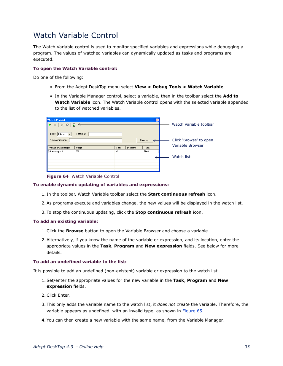 Watch variable control, Ee the, Section | Adept DeskTop 4.3 User Manual | Page 93 / 166