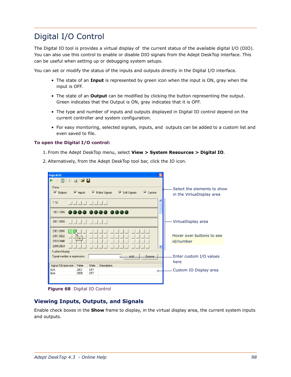 Digital i/o control | Adept DeskTop 4.3 User Manual | Page 98 / 166