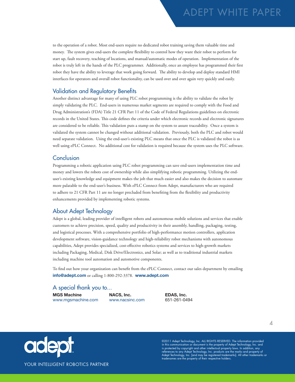 Adept white paper, Validation and regulatory benefits, Conclusion | About adept technology | Adept PLC User Manual | Page 4 / 4