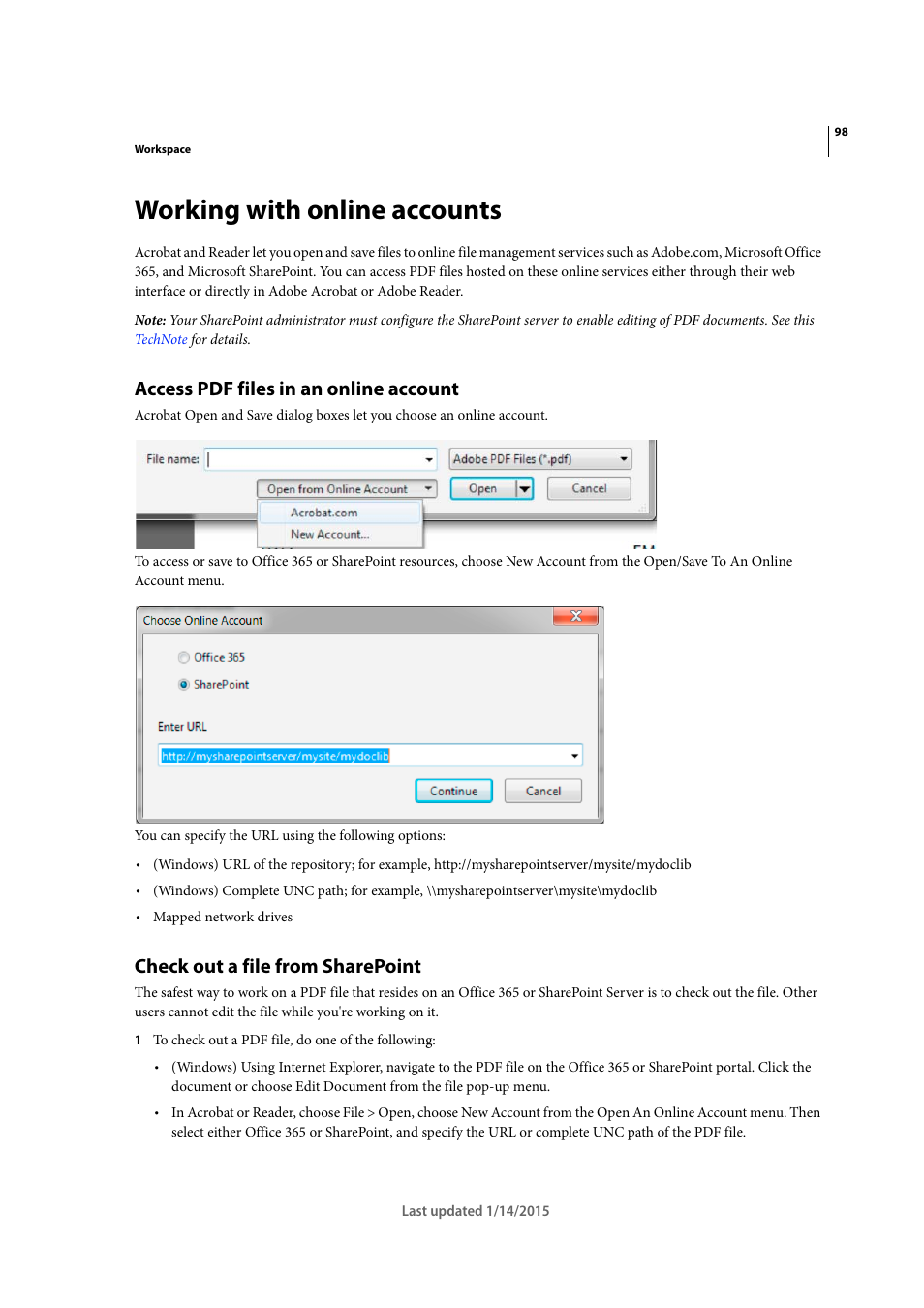 Working with online accounts, Access pdf files in an online account, Check out a file from sharepoint | Adobe Acrobat XI User Manual | Page 105 / 590