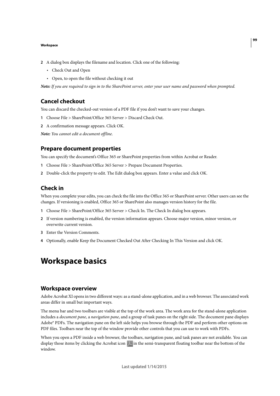 Cancel checkout, Prepare document properties, Check in | Workspace basics, Workspace overview | Adobe Acrobat XI User Manual | Page 106 / 590