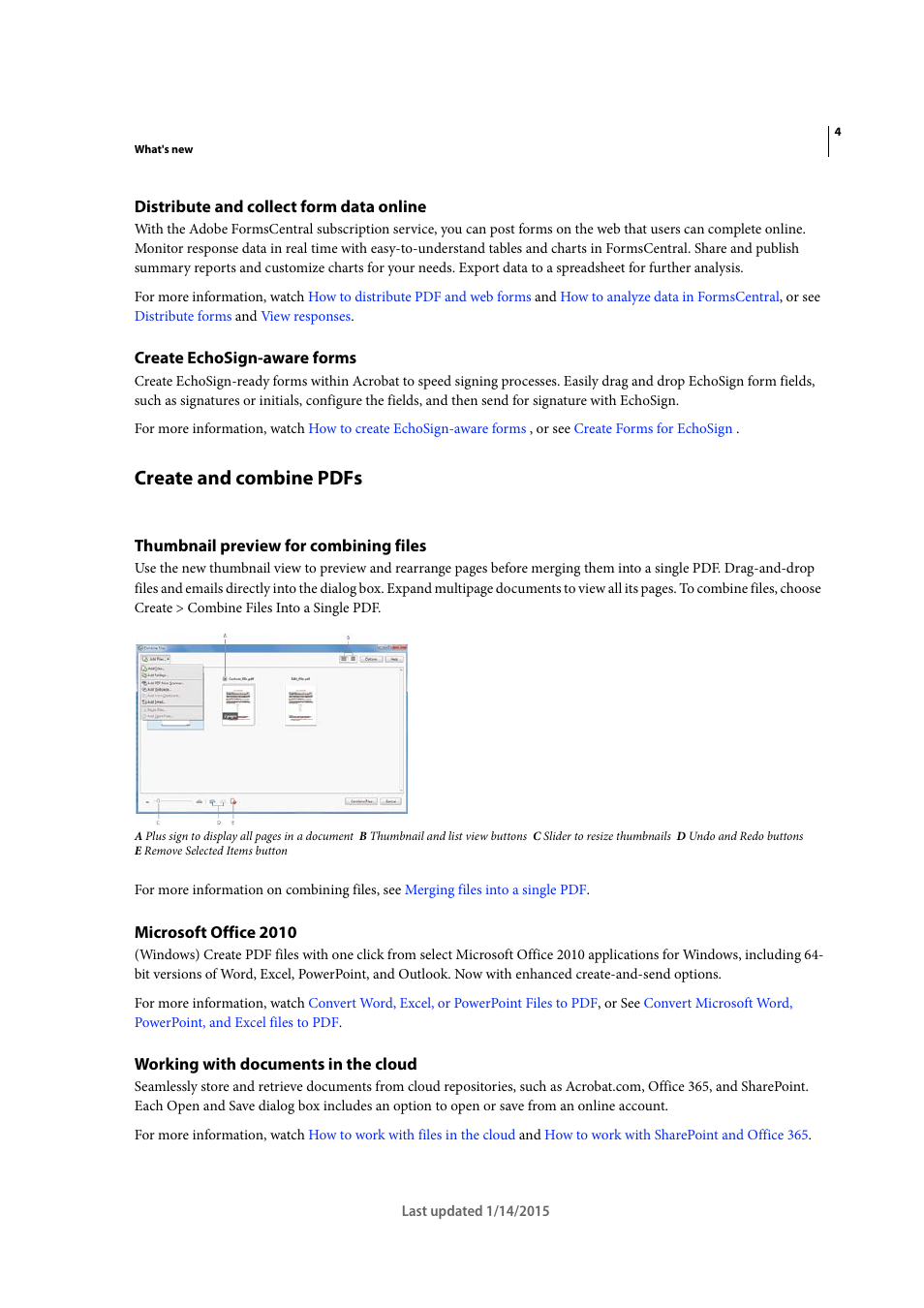 Distribute and collect form data online, Create echosign-aware forms, Create and combine pdfs | Thumbnail preview for combining files, Microsoft office 2010, Working with documents in the cloud | Adobe Acrobat XI User Manual | Page 11 / 590