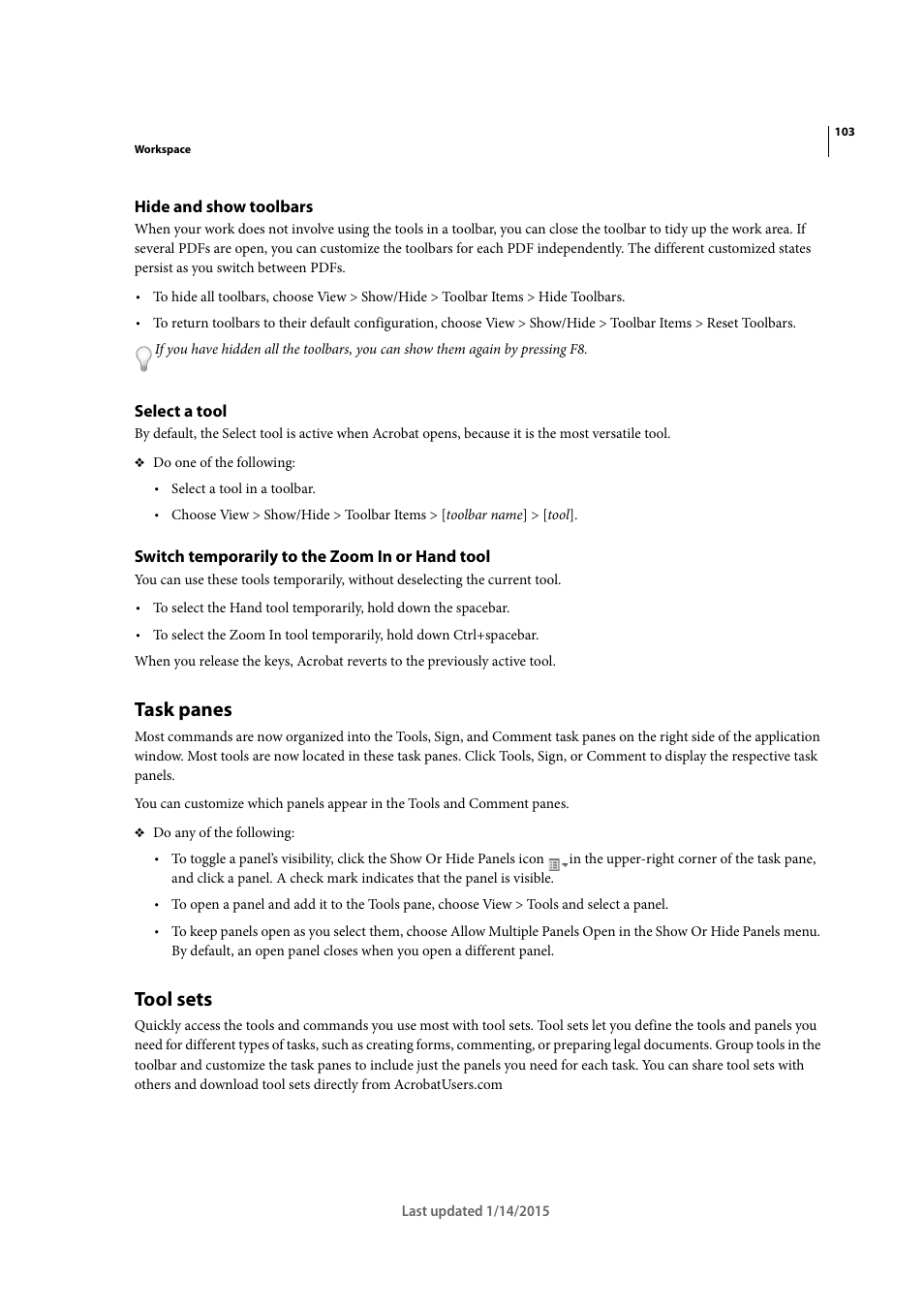 Hide and show toolbars, Select a tool, Switch temporarily to the zoom in or hand tool | Task panes, Tool sets | Adobe Acrobat XI User Manual | Page 110 / 590