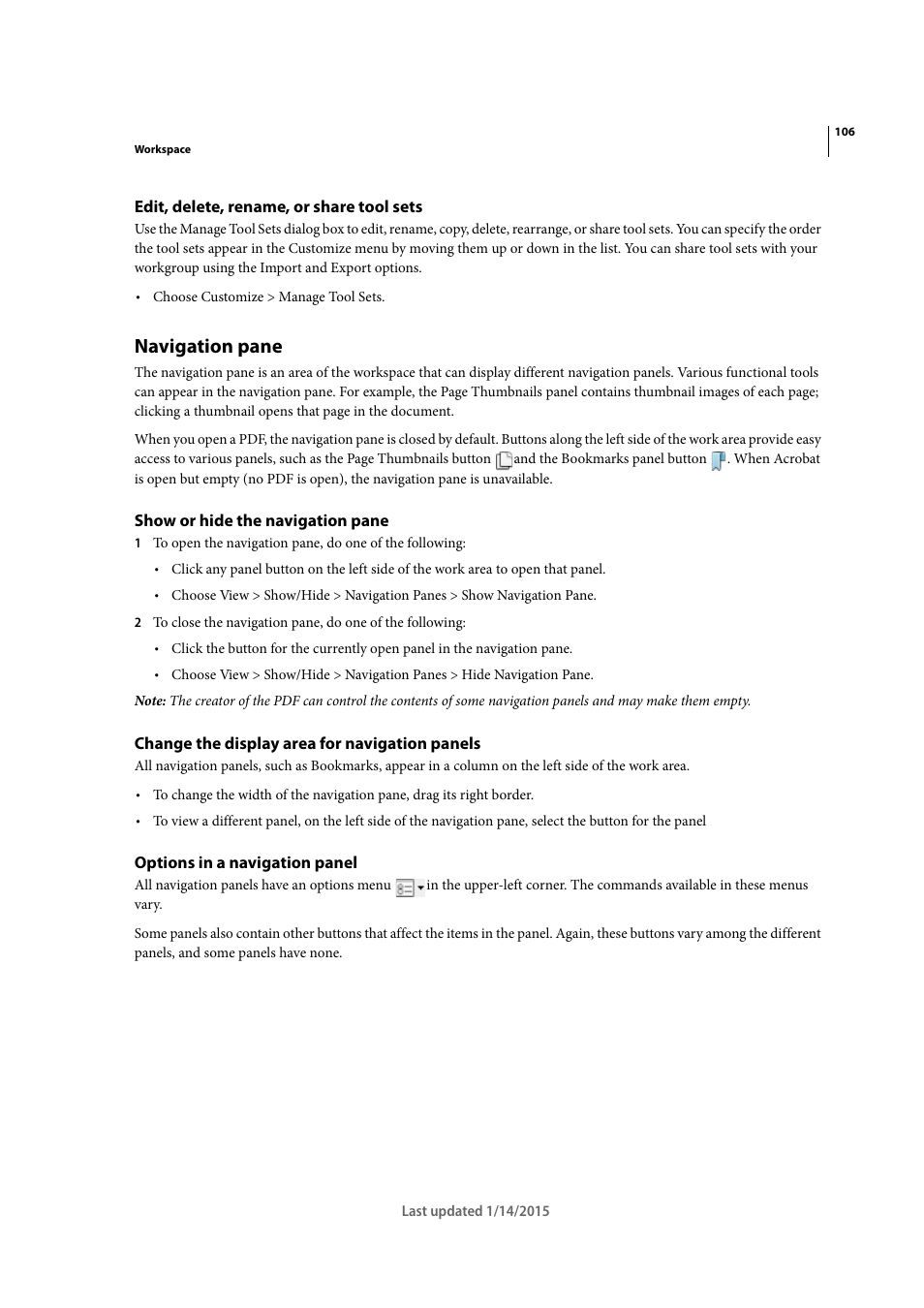 Edit, delete, rename, or share tool sets, Navigation pane, Show or hide the navigation pane | Change the display area for navigation panels, Options in a navigation panel | Adobe Acrobat XI User Manual | Page 113 / 590