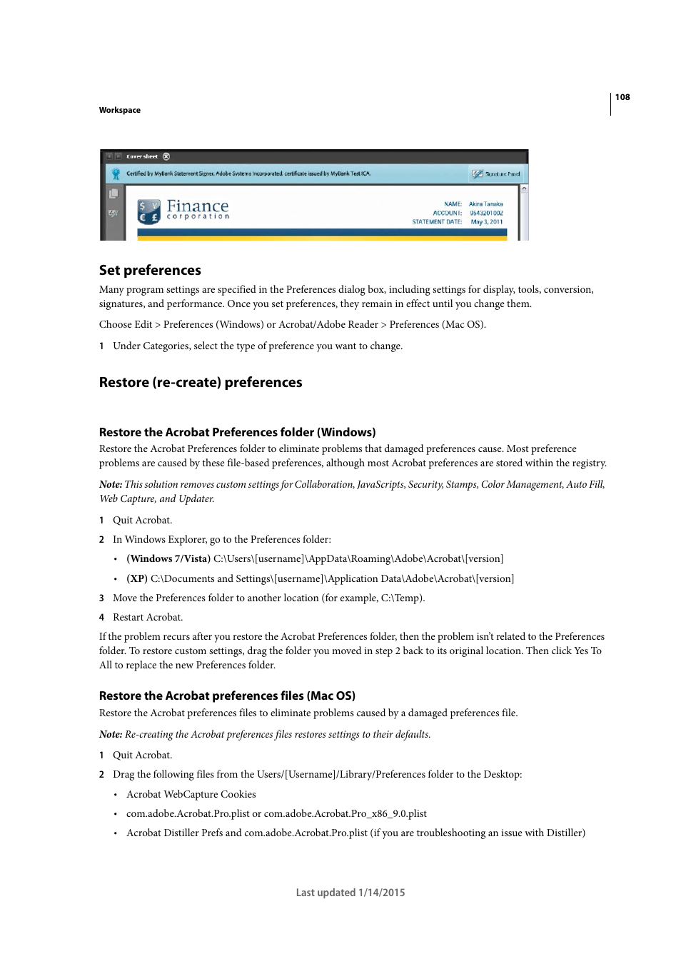 Set preferences, Restore (re-create) preferences, Restore the acrobat preferences folder (windows) | Restore the acrobat preferences files (mac os) | Adobe Acrobat XI User Manual | Page 115 / 590