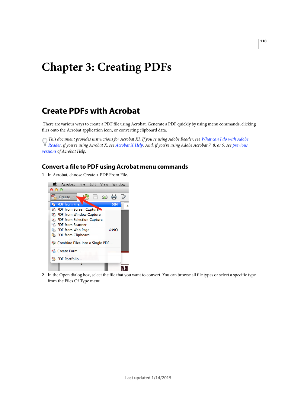 Chapter 3: creating pdfs, Create pdfs with acrobat, Convert a file to pdf using acrobat menu commands | Adobe Acrobat XI User Manual | Page 117 / 590