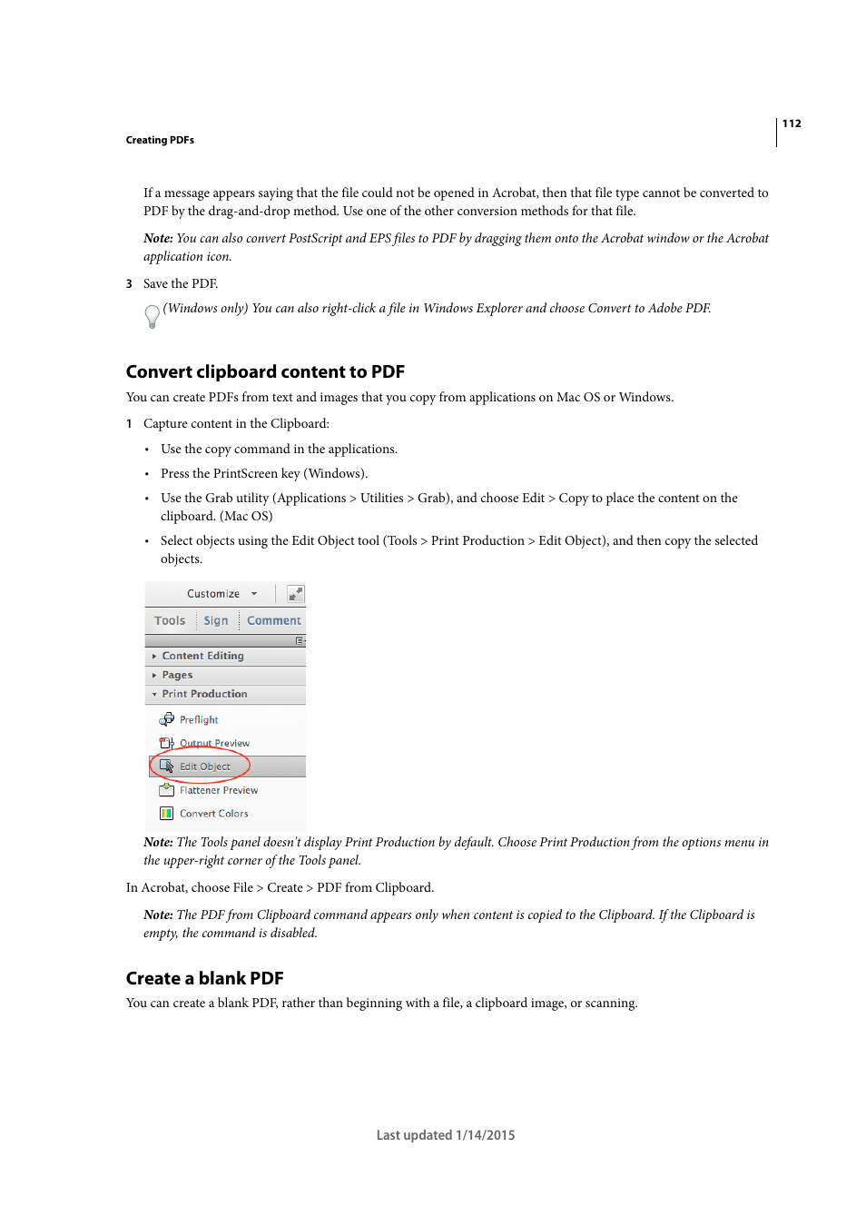 Convert clipboard content to pdf, Create a blank pdf | Adobe Acrobat XI User Manual | Page 119 / 590