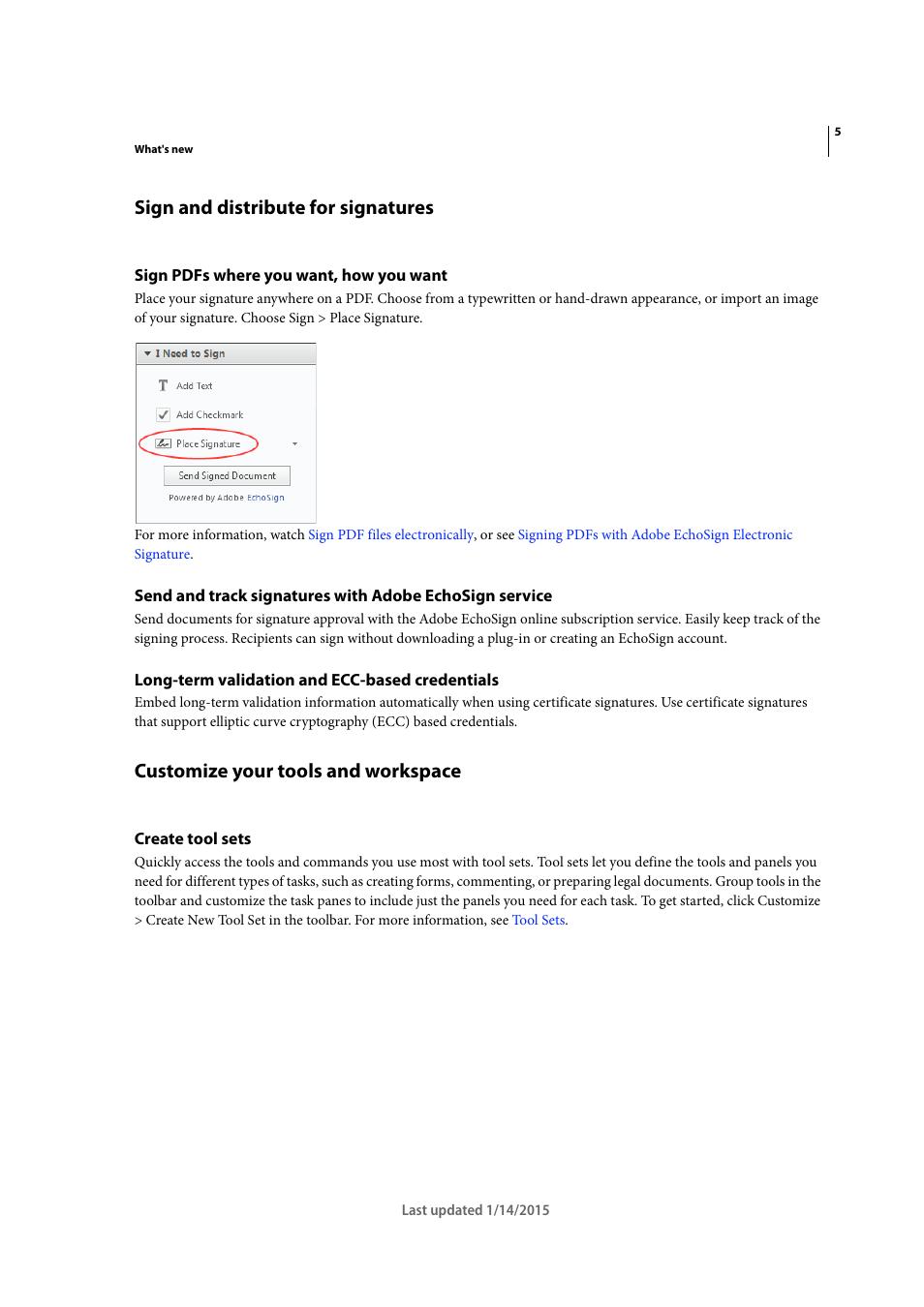 Sign and distribute for signatures, Sign pdfs where you want, how you want, Long-term validation and ecc-based credentials | Customize your tools and workspace, Create tool sets | Adobe Acrobat XI User Manual | Page 12 / 590