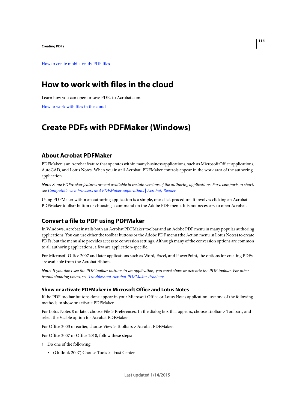 How to work with files in the cloud, Create pdfs with pdfmaker (windows), About acrobat pdfmaker | Convert a file to pdf using pdfmaker | Adobe Acrobat XI User Manual | Page 121 / 590