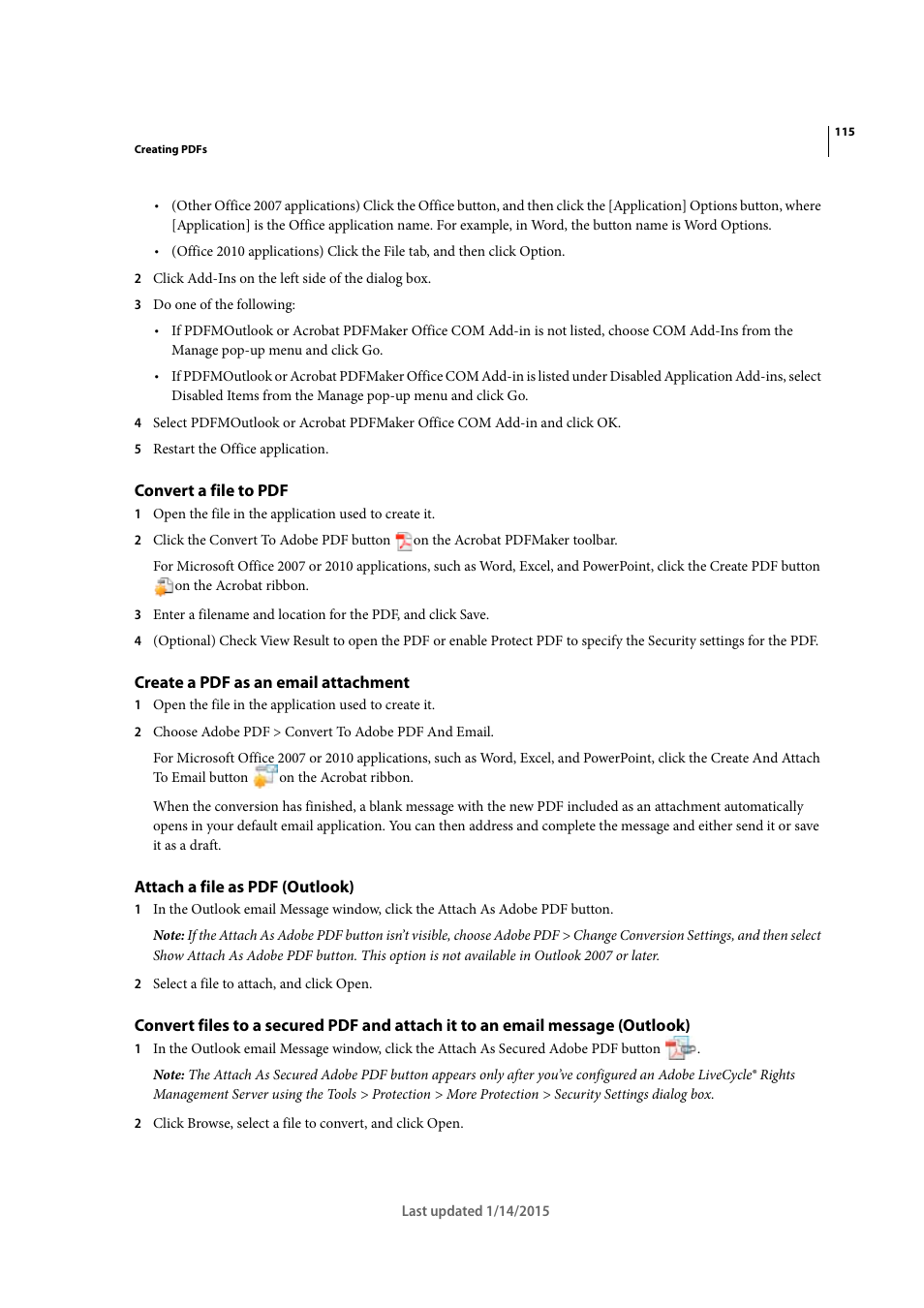 Convert a file to pdf, Create a pdf as an email attachment, Attach a file as pdf (outlook) | Adobe Acrobat XI User Manual | Page 122 / 590