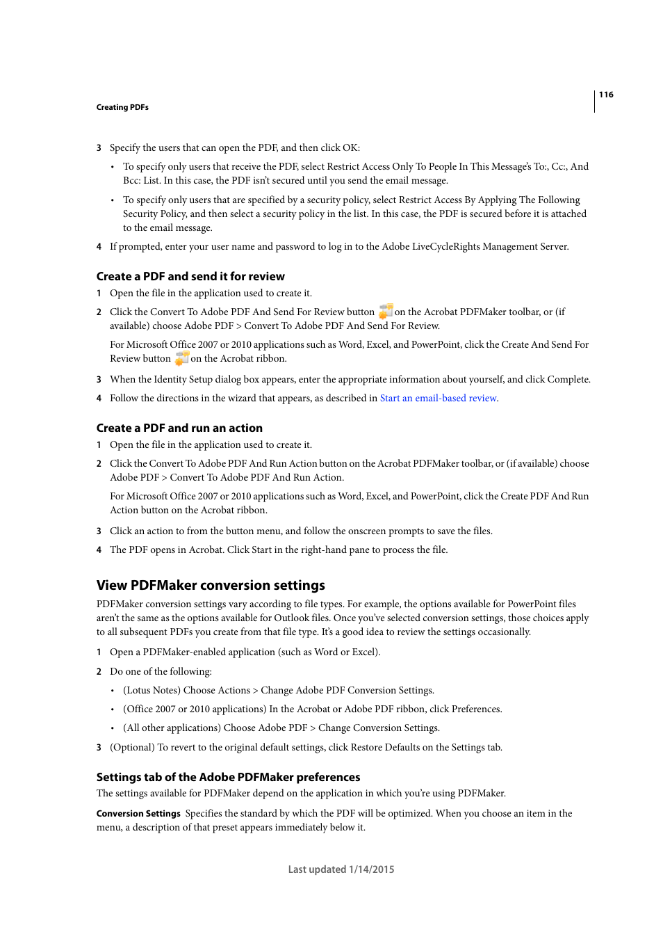 Create a pdf and send it for review, Create a pdf and run an action, View pdfmaker conversion settings | Settings tab of the adobe pdfmaker preferences | Adobe Acrobat XI User Manual | Page 123 / 590