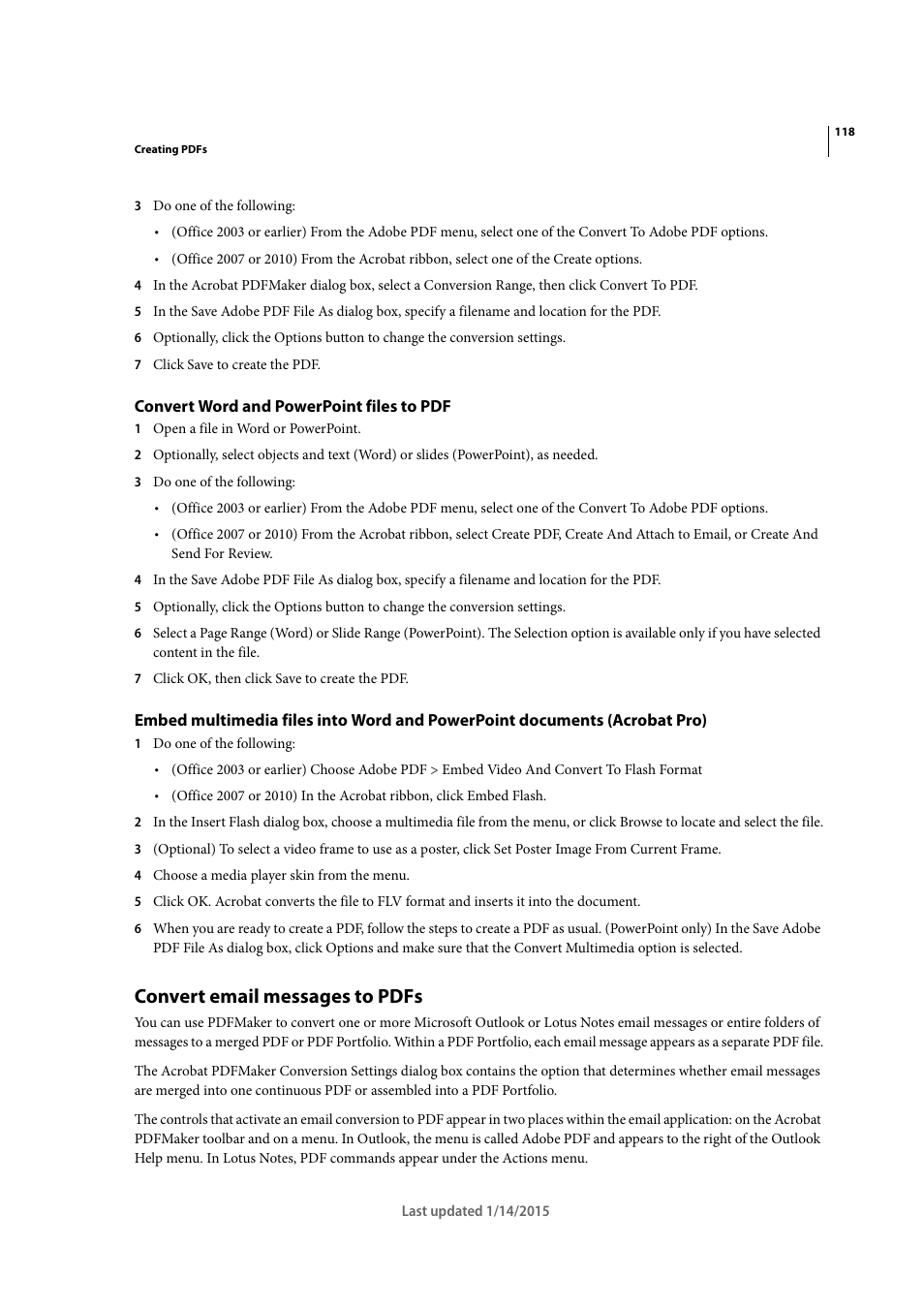 Convert word and powerpoint files to pdf, Convert email messages to pdfs | Adobe Acrobat XI User Manual | Page 125 / 590