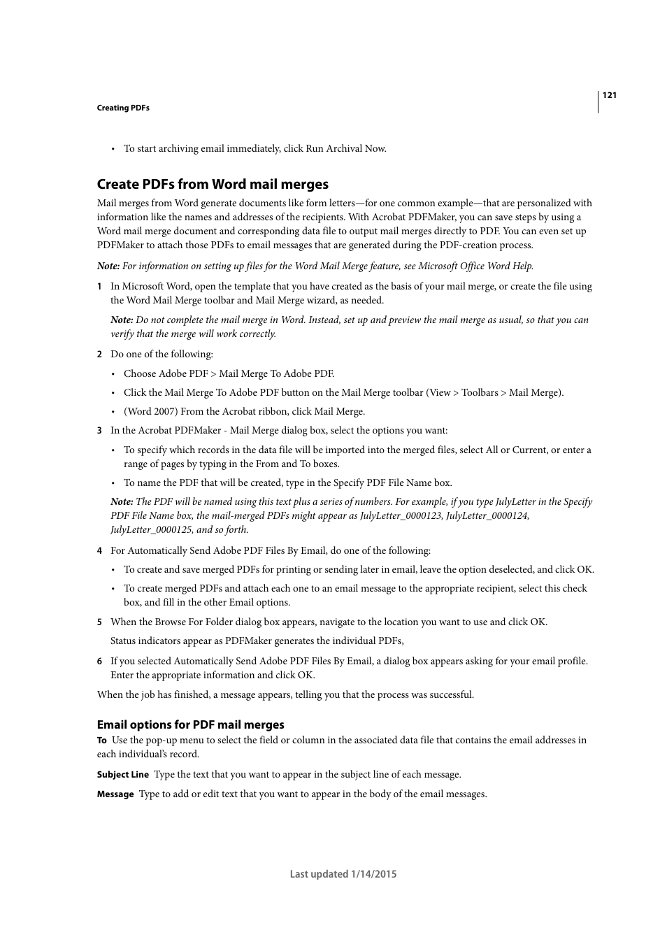Create pdfs from word mail merges, Email options for pdf mail merges | Adobe Acrobat XI User Manual | Page 128 / 590