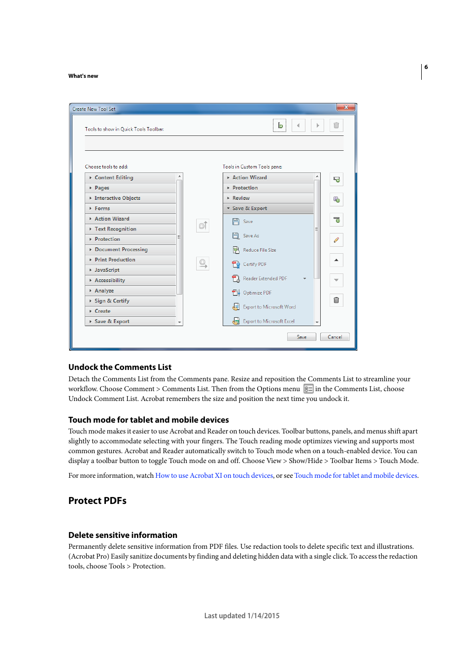 Undock the comments list, Touch mode for tablet and mobile devices, Protect pdfs | Delete sensitive information | Adobe Acrobat XI User Manual | Page 13 / 590