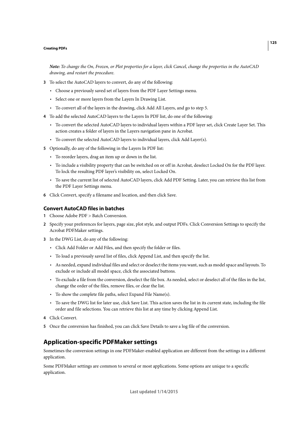 Convert autocad files in batches, Application-specific pdfmaker settings | Adobe Acrobat XI User Manual | Page 132 / 590