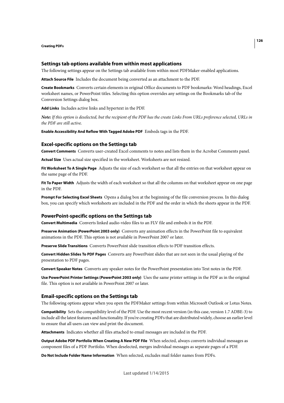 Excel-specific options on the settings tab, Powerpoint-specific options on the settings tab, Email-specific options on the settings tab | Adobe Acrobat XI User Manual | Page 133 / 590