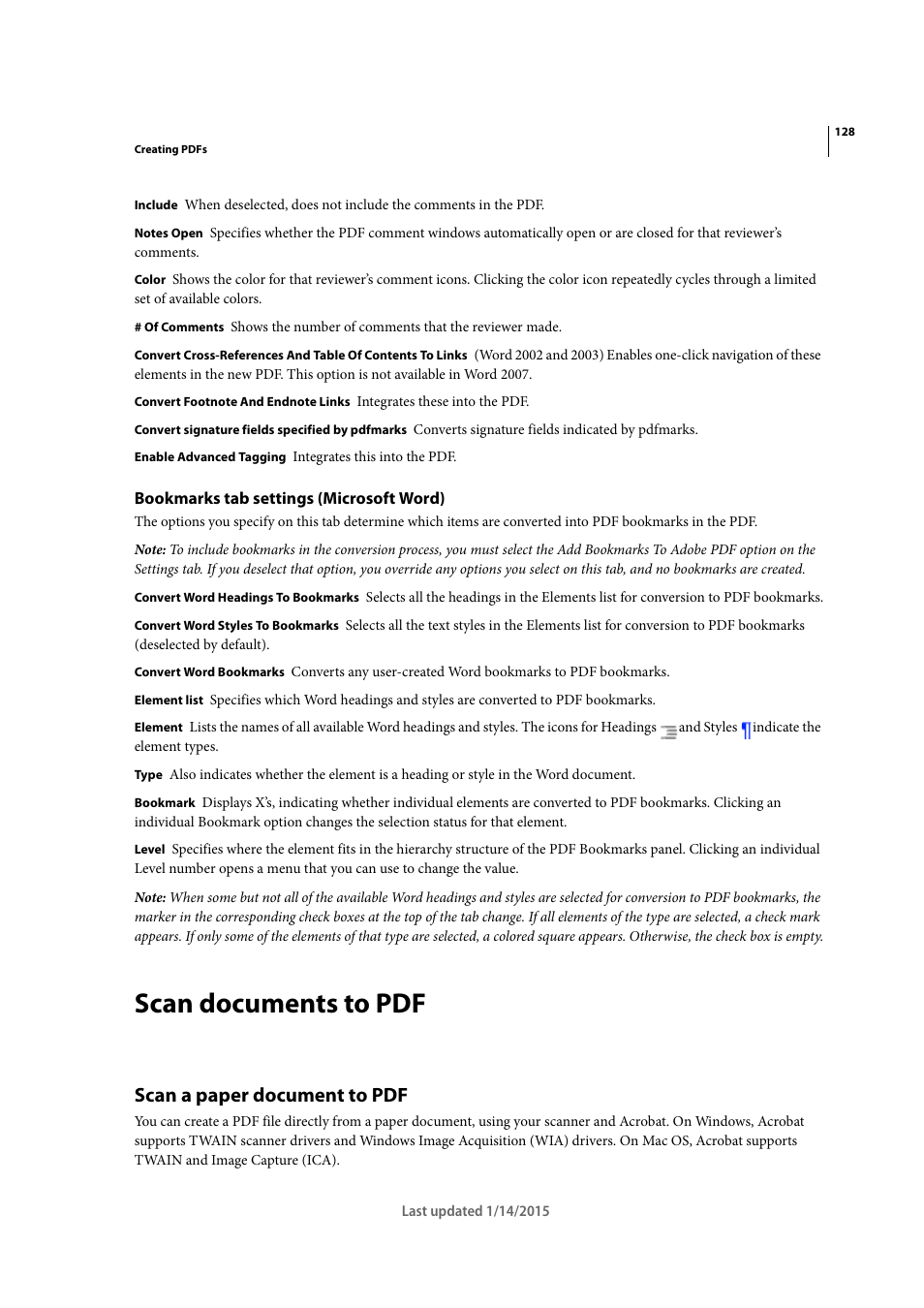 Bookmarks tab settings (microsoft word), Scan documents to pdf, Scan a paper document to pdf | Adobe Acrobat XI User Manual | Page 135 / 590