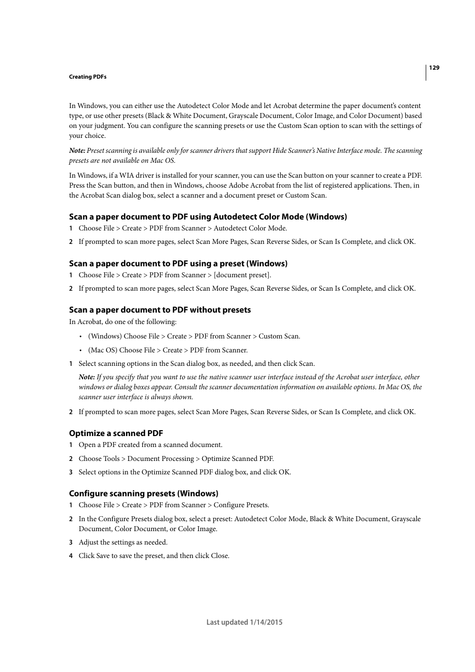 Scan a paper document to pdf without presets, Optimize a scanned pdf, Configure scanning presets (windows) | Adobe Acrobat XI User Manual | Page 136 / 590