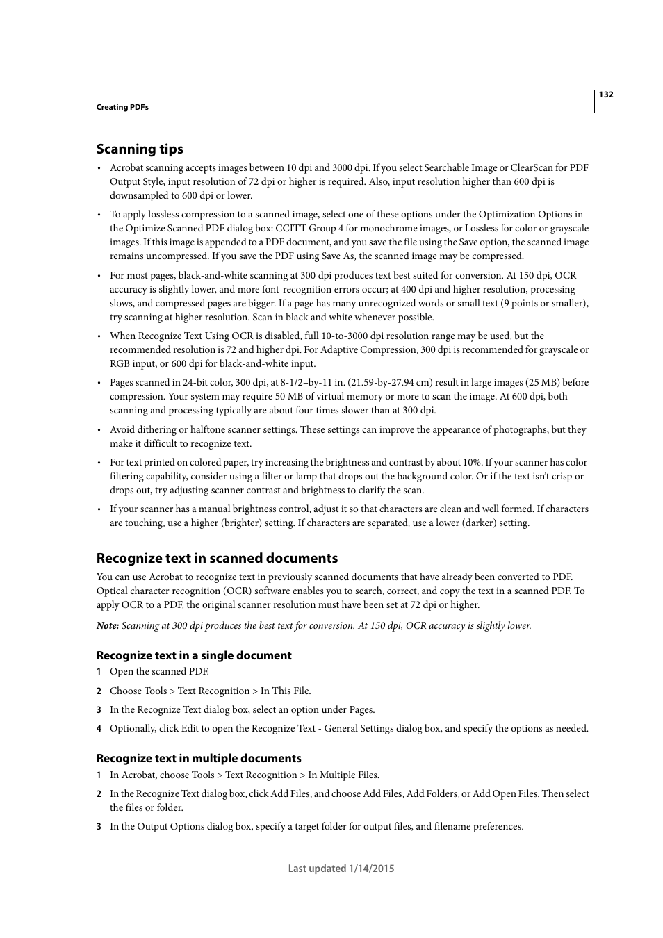 Scanning tips, Recognize text in scanned documents, Recognize text in a single document | Recognize text in multiple documents | Adobe Acrobat XI User Manual | Page 139 / 590