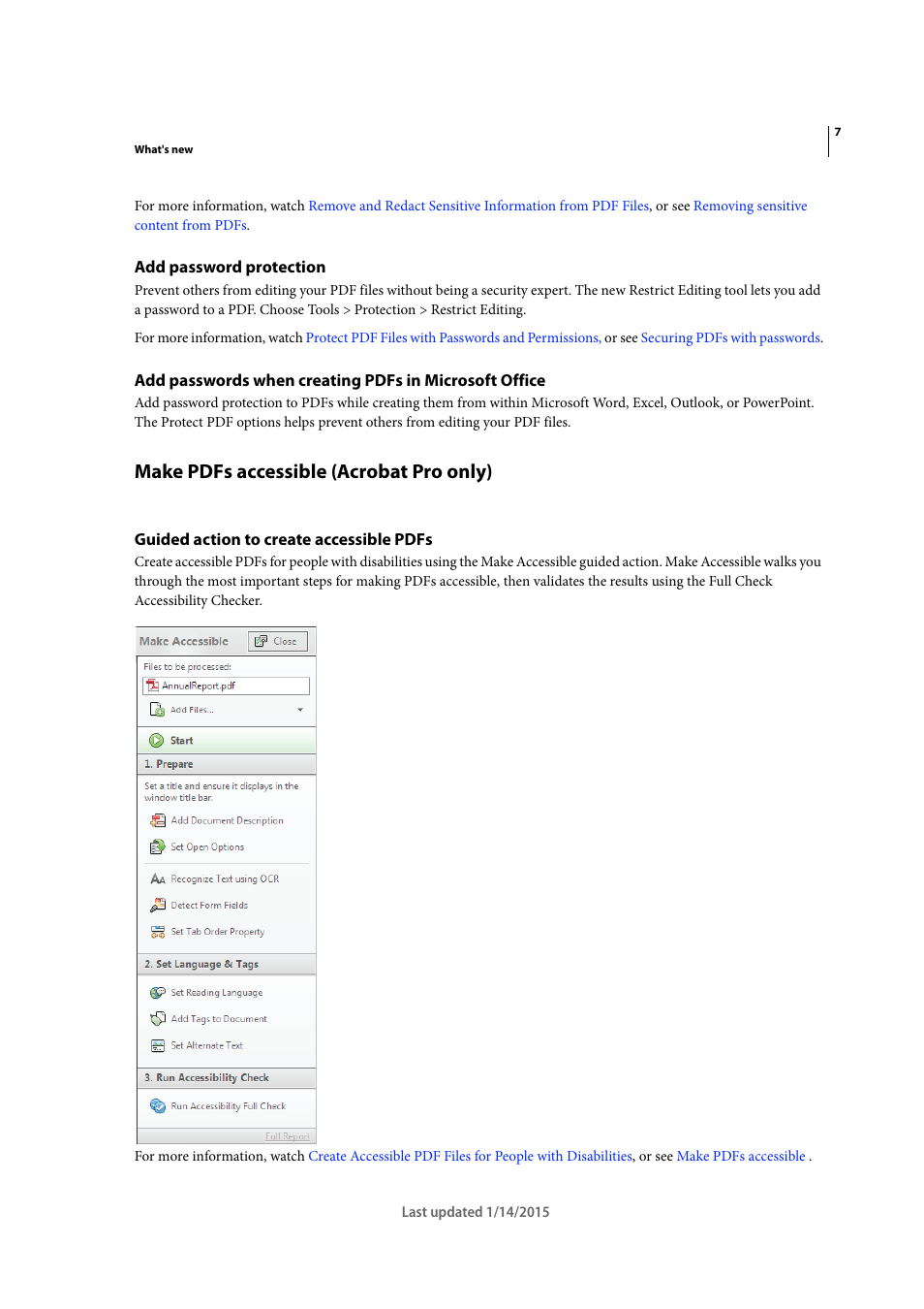 Add password protection, Make pdfs accessible (acrobat pro only), Guided action to create accessible pdfs | Adobe Acrobat XI User Manual | Page 14 / 590