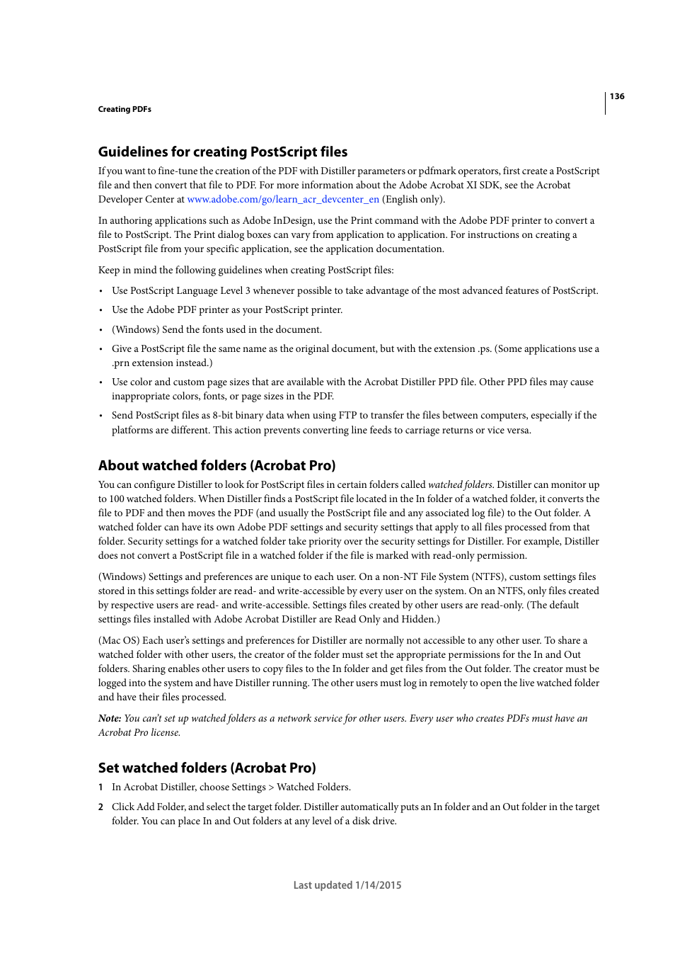 Guidelines for creating postscript files, About watched folders (acrobat pro), Set watched folders (acrobat pro) | Adobe Acrobat XI User Manual | Page 143 / 590