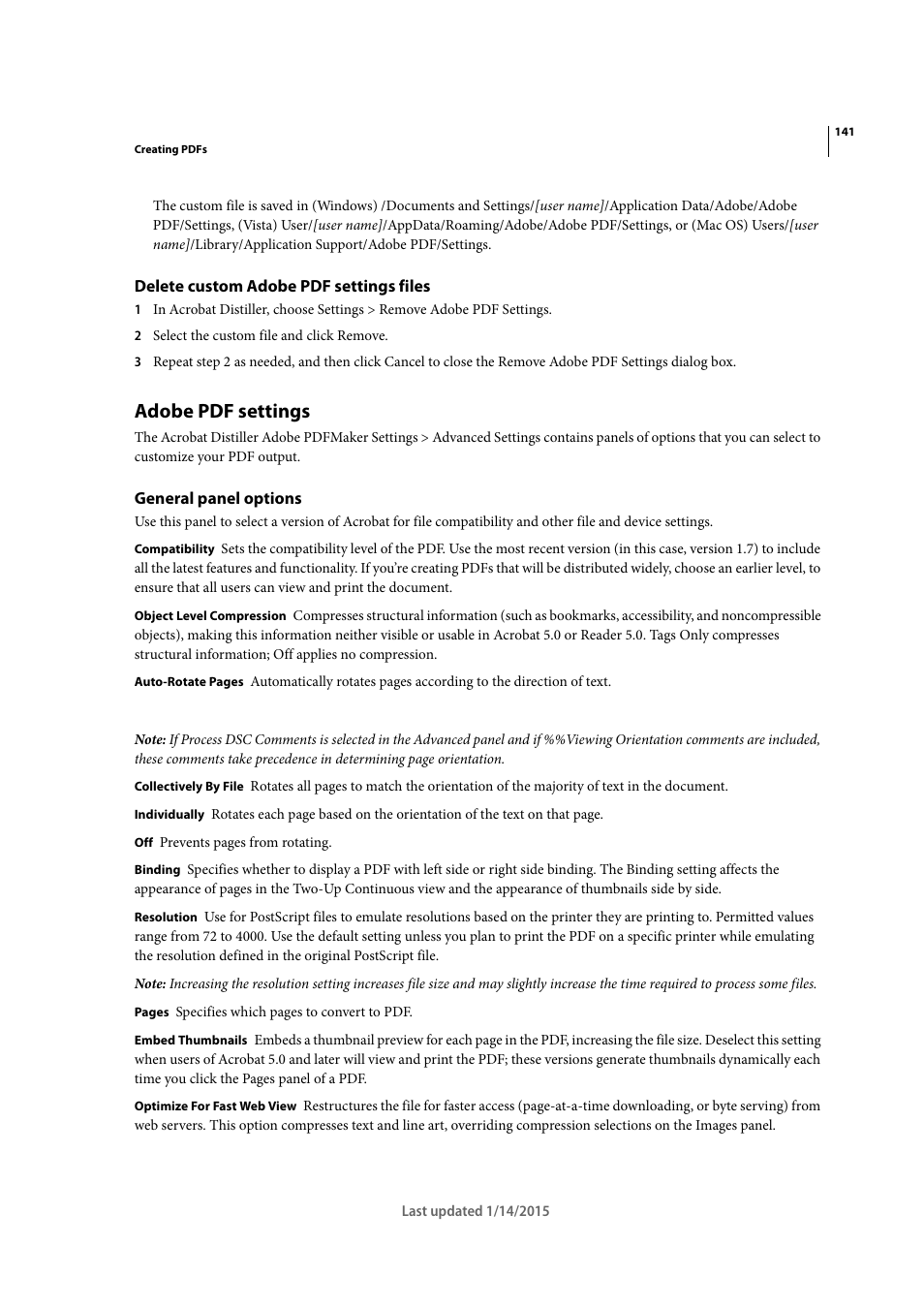 Delete custom adobe pdf settings files, Adobe pdf settings, General panel options | Adobe Acrobat XI User Manual | Page 148 / 590