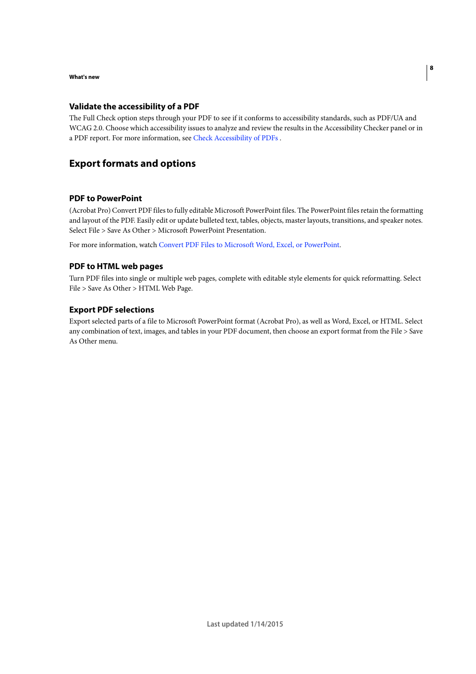 Validate the accessibility of a pdf, Export formats and options, Pdf to powerpoint | Export pdf selections | Adobe Acrobat XI User Manual | Page 15 / 590