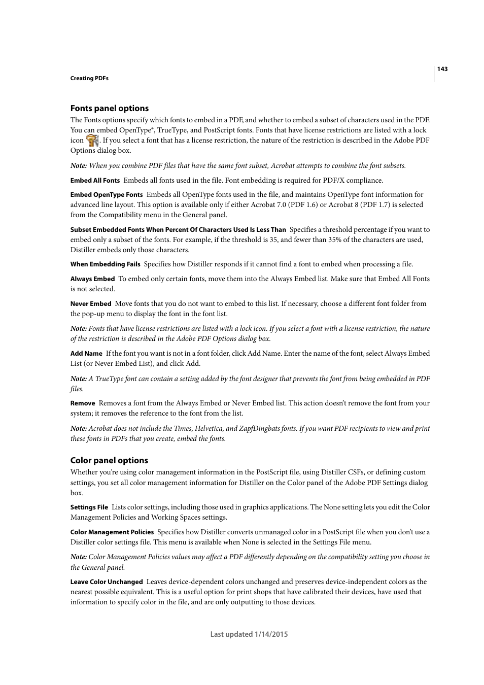 Fonts panel options, Color panel options | Adobe Acrobat XI User Manual | Page 150 / 590