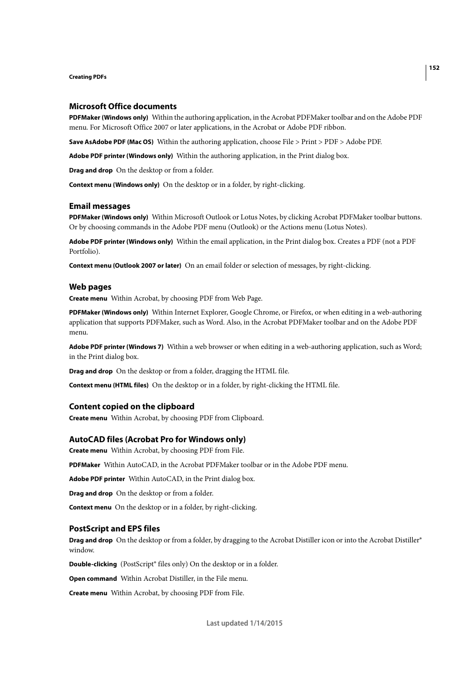 Microsoft office documents, Email messages, Content copied on the clipboard | Autocad files (acrobat pro for windows only), Postscript and eps files | Adobe Acrobat XI User Manual | Page 159 / 590