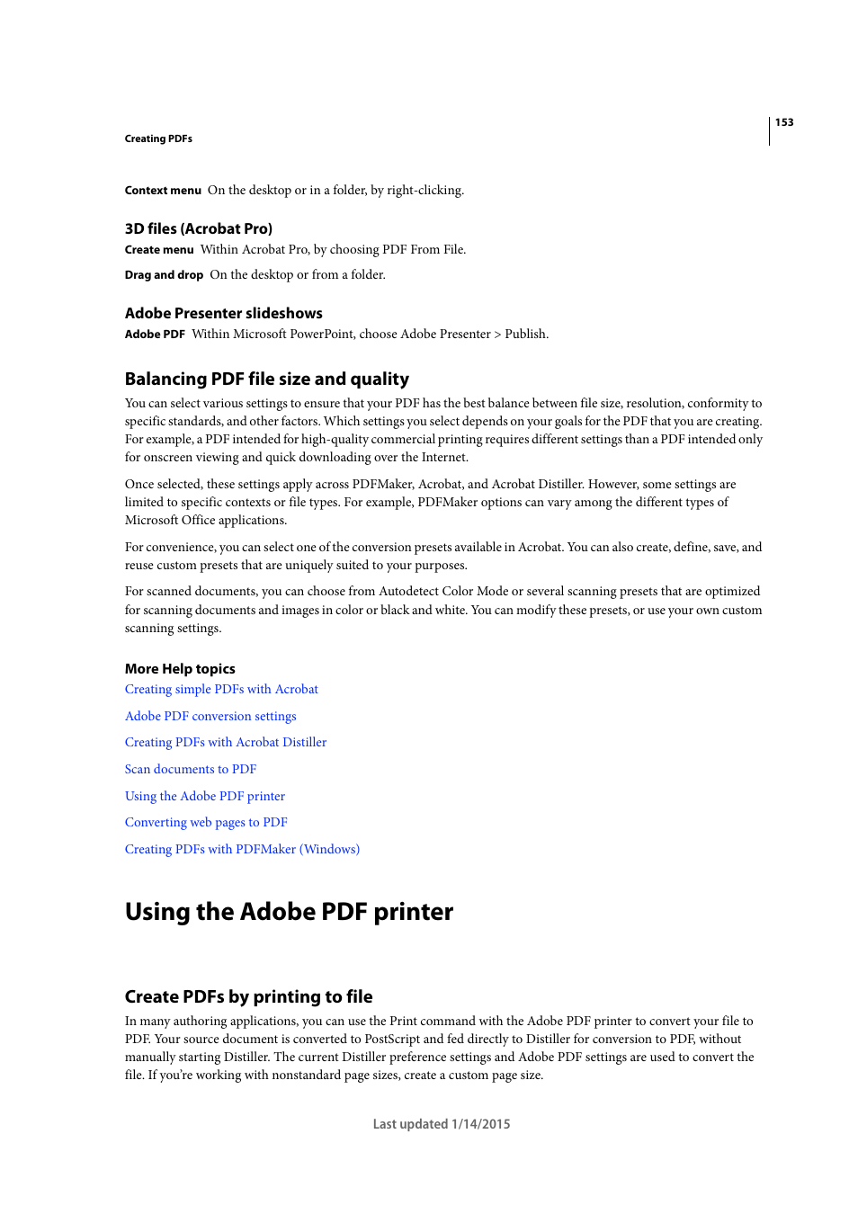 3d files (acrobat pro), Adobe presenter slideshows, Balancing pdf file size and quality | Using the adobe pdf printer, Create pdfs by printing to file | Adobe Acrobat XI User Manual | Page 160 / 590