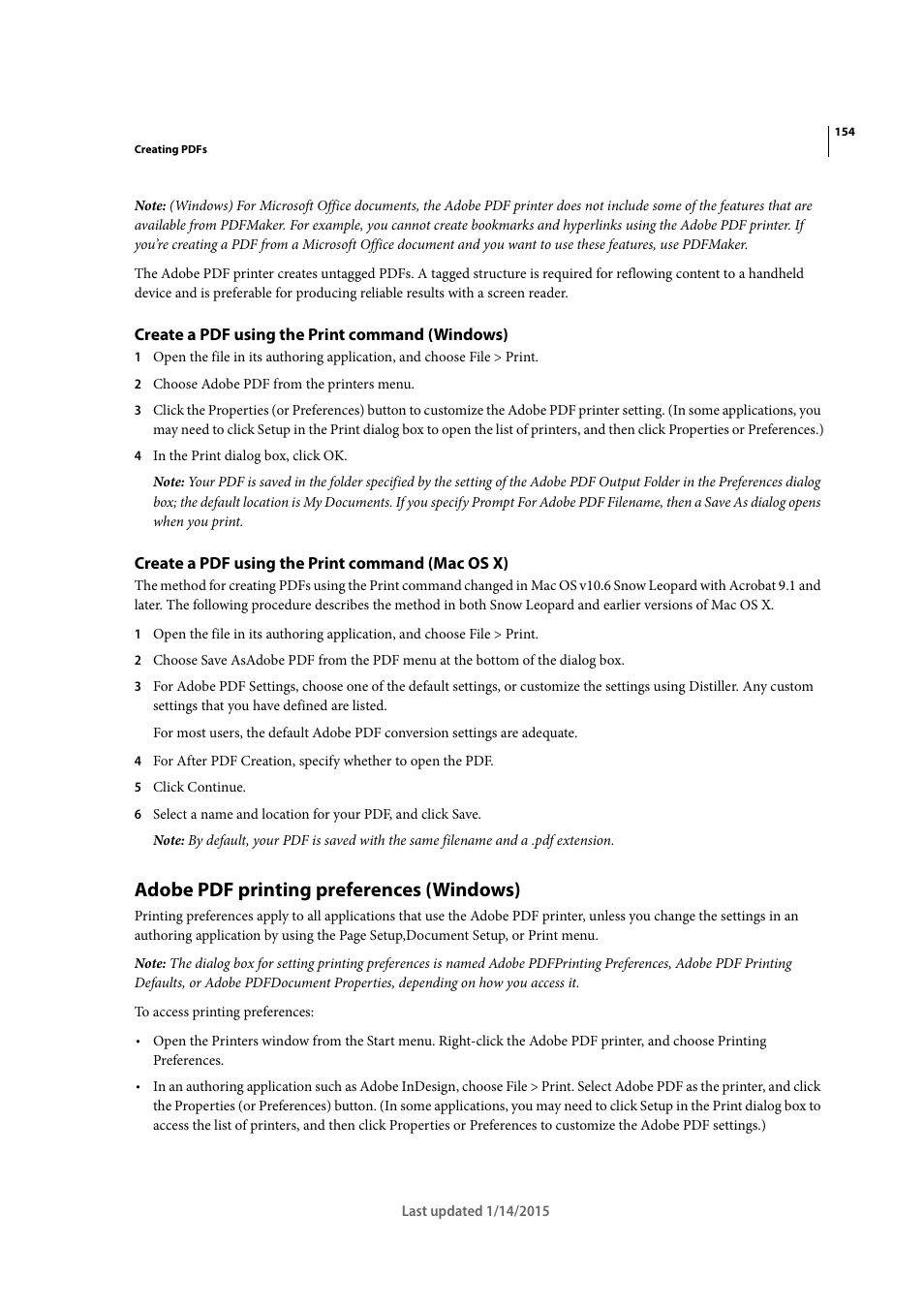 Create a pdf using the print command (windows), Create a pdf using the print command (mac os x), Adobe pdf printing preferences (windows) | Adobe Acrobat XI User Manual | Page 161 / 590